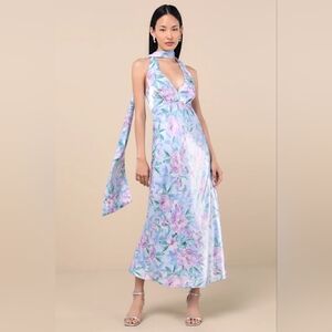 NWT Malani Light Blue Floral Satin Sash Midi Dress